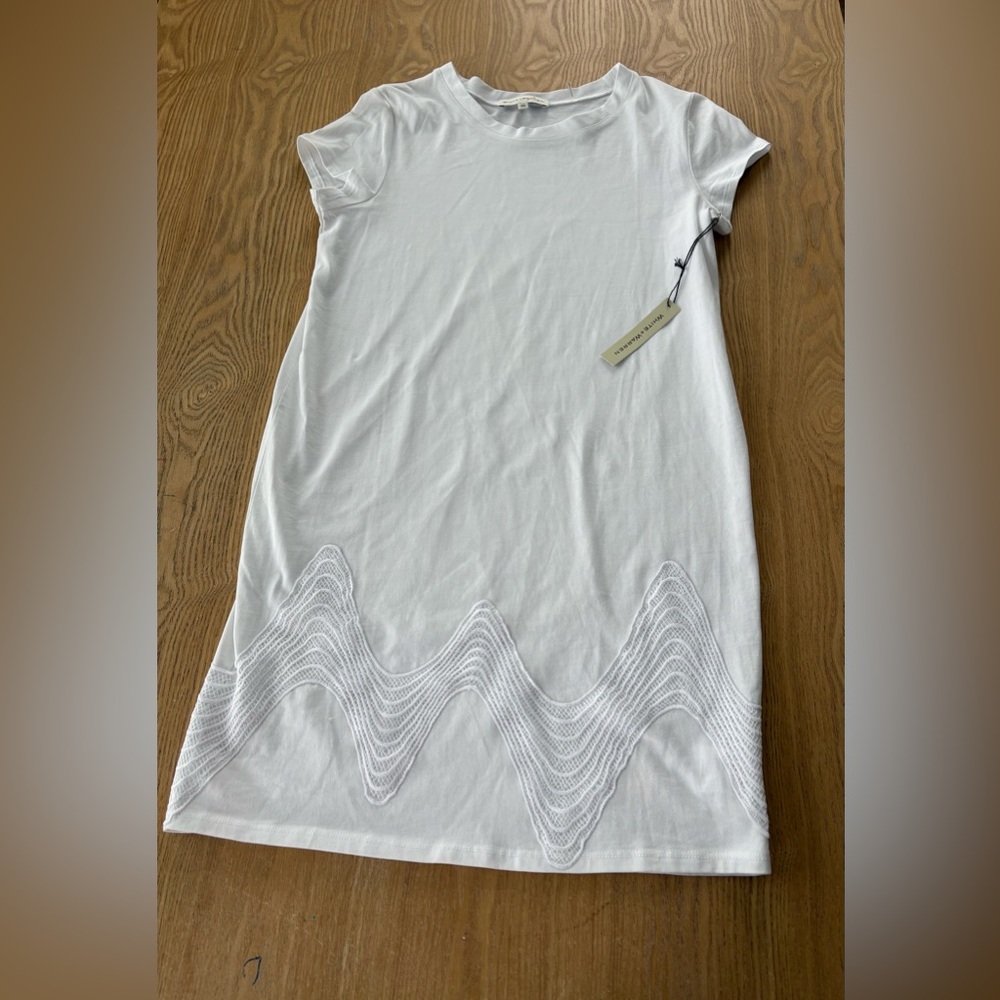 NWT. White + Warren. Cotton White T-shirt Dress. Embroidery. Capsule Neutral XS